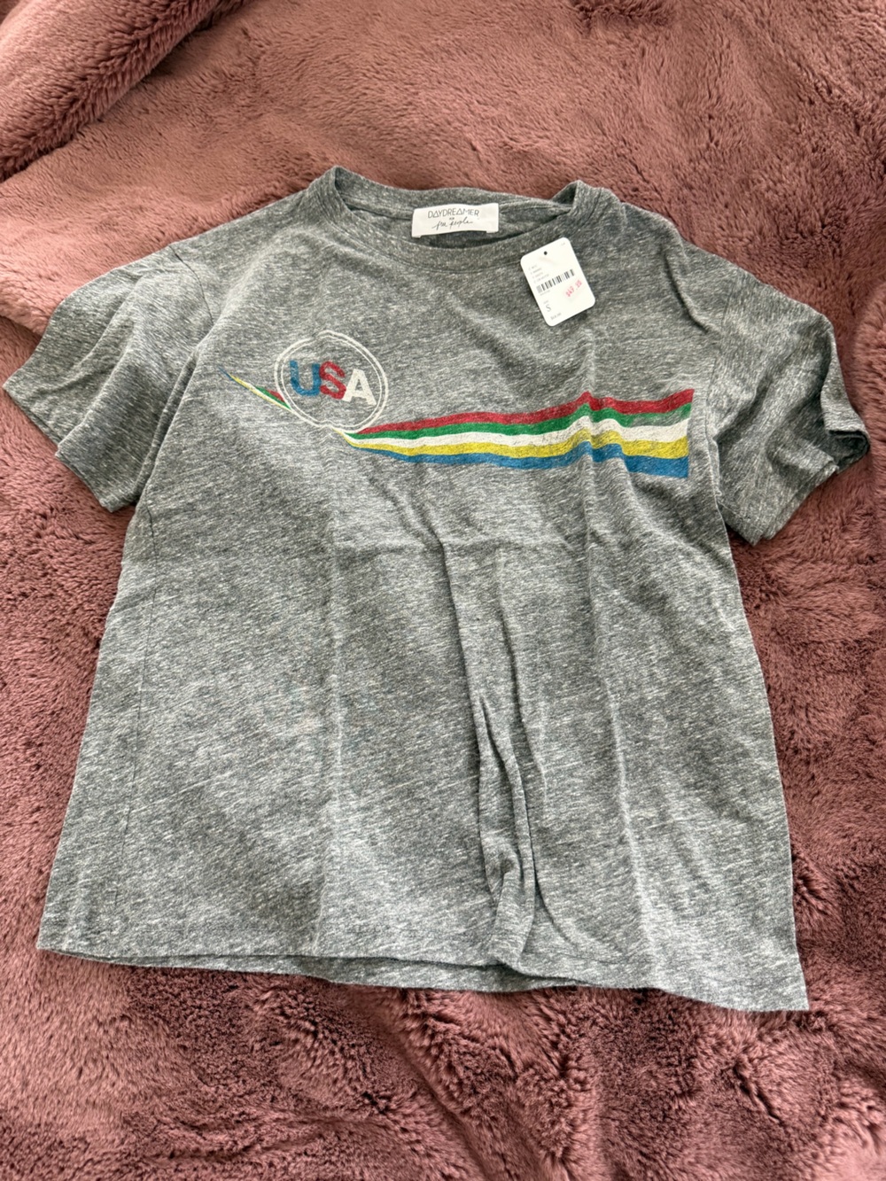 NWT Daydreamer by Free People Gray Tee with Rainbow 'USA' Stripe Graphic